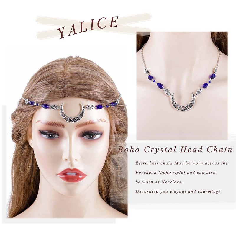 Yalice Boho Crescent Moon Head Chain Vintage Black Crystal Headband Chain Rhinestone Headpieces Witchy Forehead Chain for Women (Silver-Blue, One Size) - Image 3